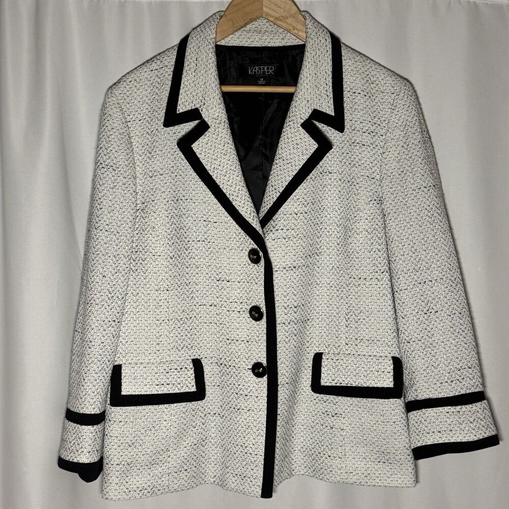 Kasper Tweed Contrast Black White 3 Button Women's Blazer Jacket Plus Size 18 - Picture 3 of 16